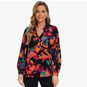 Women's Casual Boho Abstract Floral Long Bubble Sleeve Blouse Size Small NWT